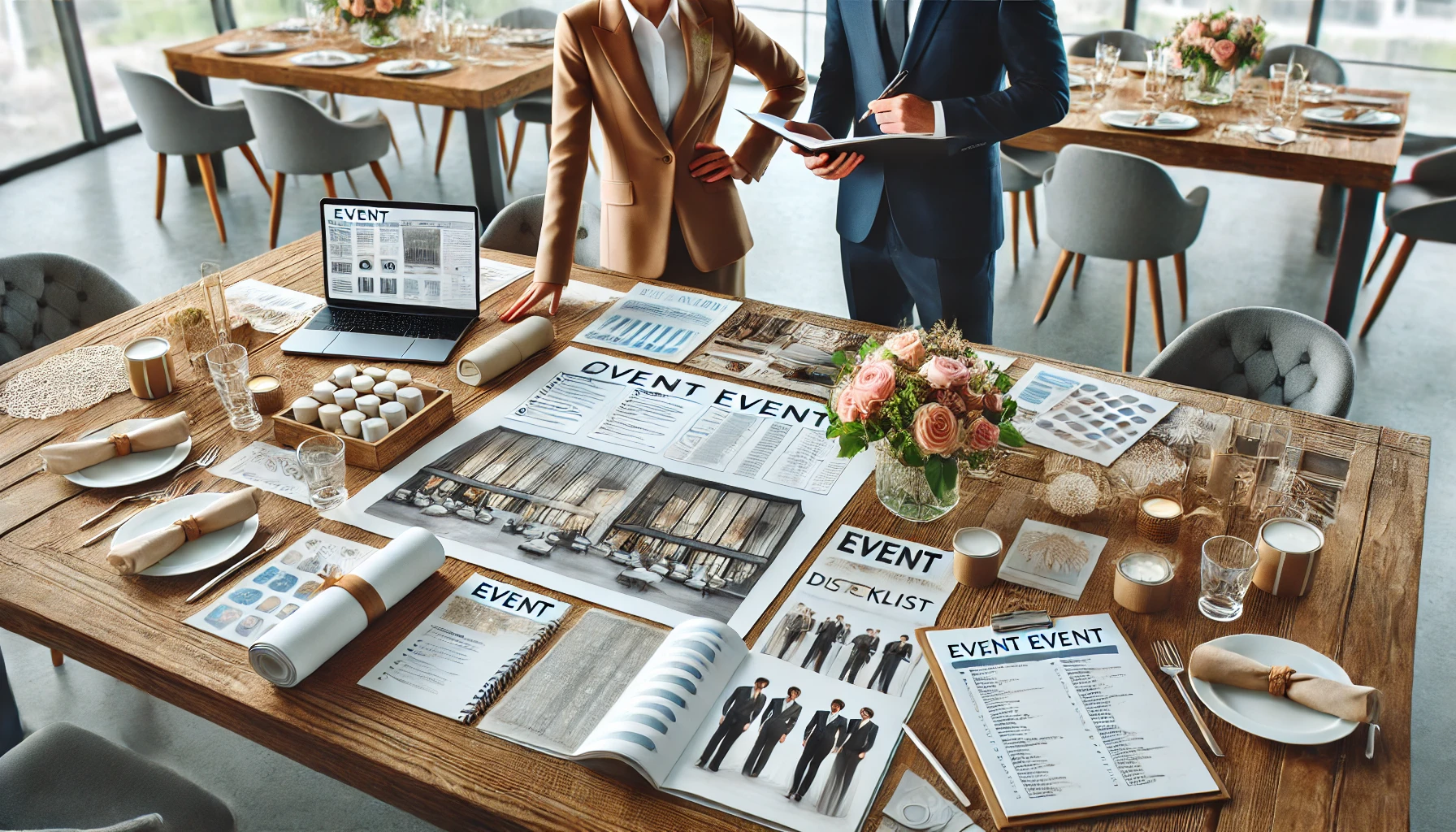 Dall·e 2025 03 26 11.08.50 a professional event planner organizing a corporate event. the scene includes a large table with a laptop, a notebook, and event checklists. there are