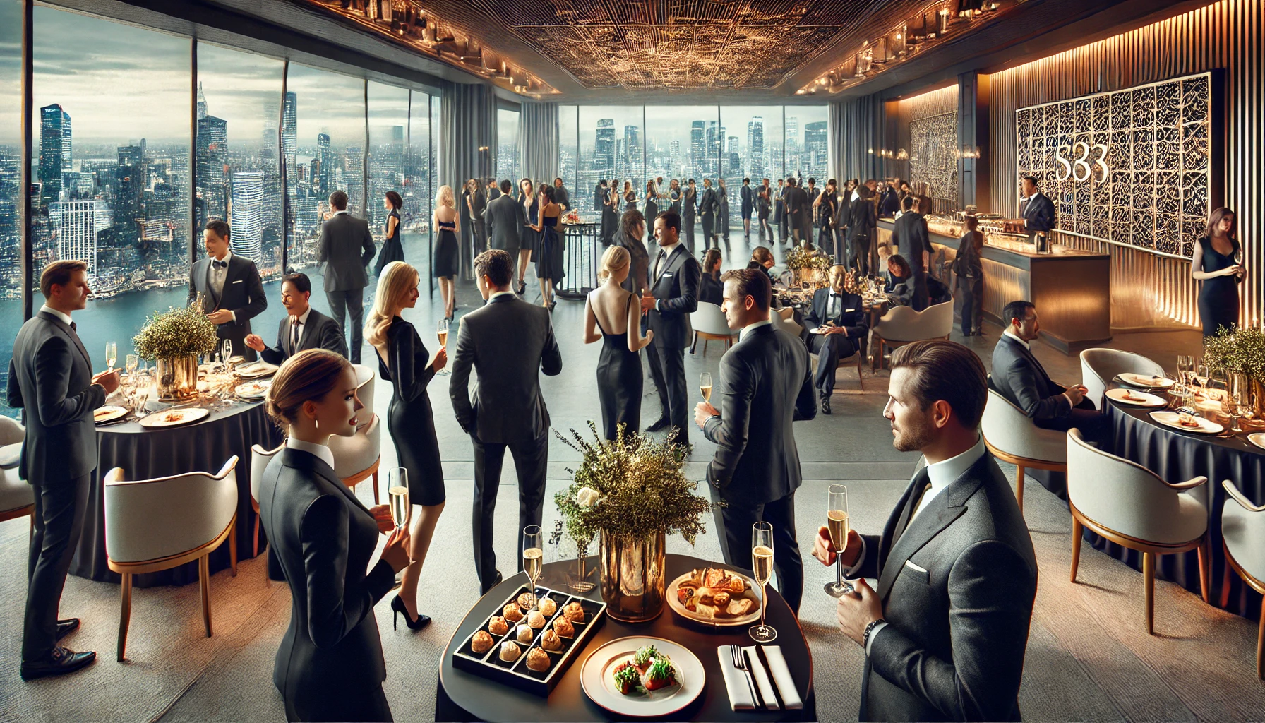 Dall·e 2025 04 03 15.16.48 a luxurious corporate event in a high end venue with a panoramic city skyline view. elegant guests in formal attire are networking while enjoying gour
