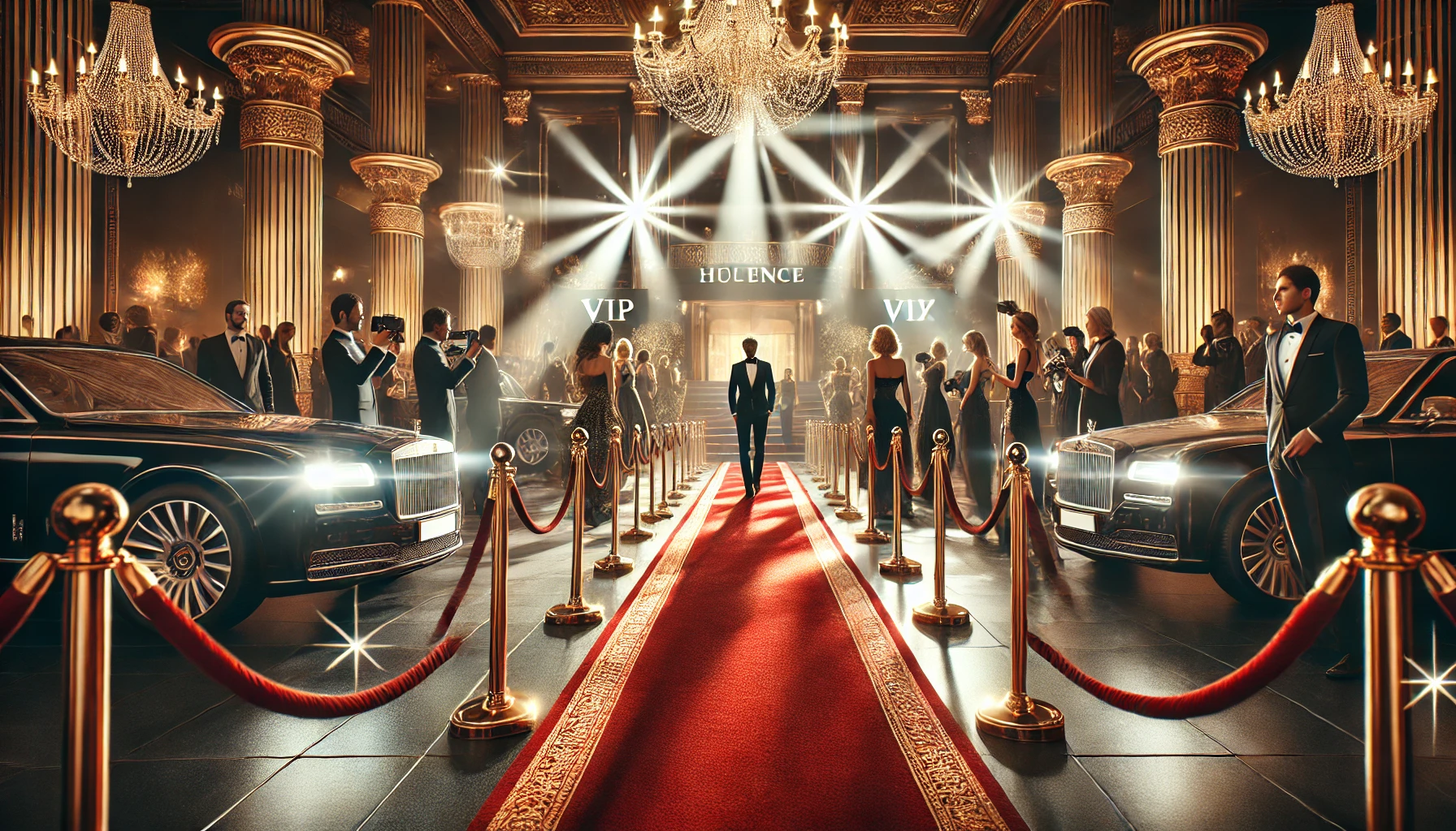 Dall·e 2025 04 03 15.23.08 a glamorous red carpet event at a luxury venue, with elegantly dressed vip guests arriving in high end cars. the red carpet is lined with photographer